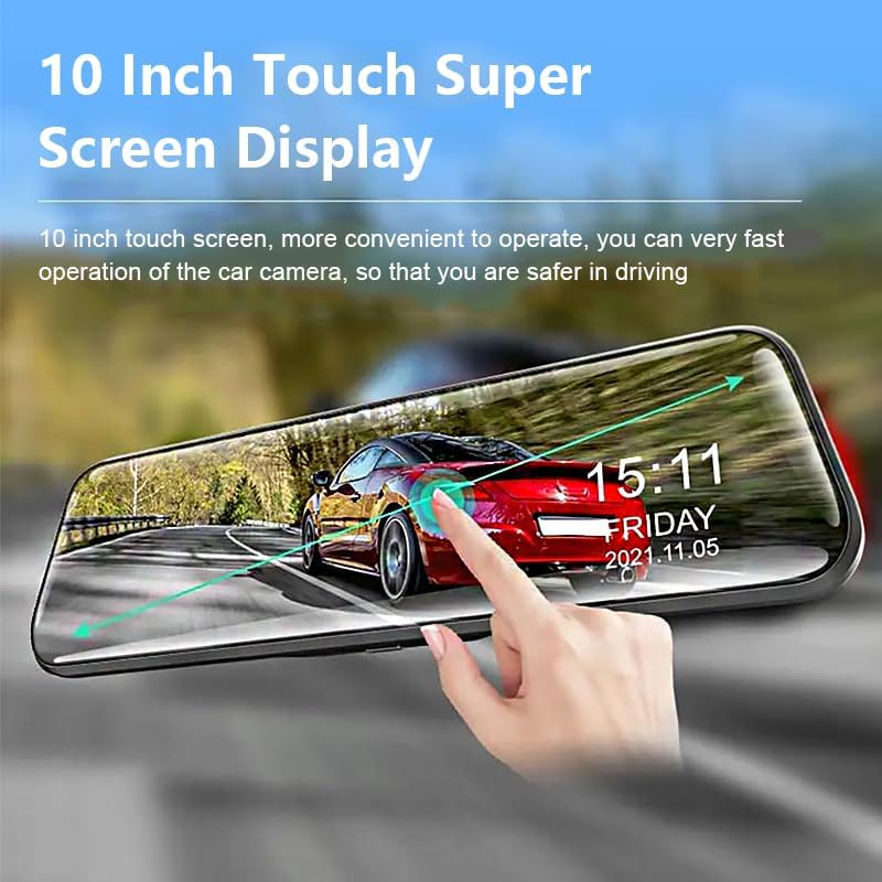 10 Inch Mirror Dash Cam Front View Night Vision Touch Screen Parking Monitor