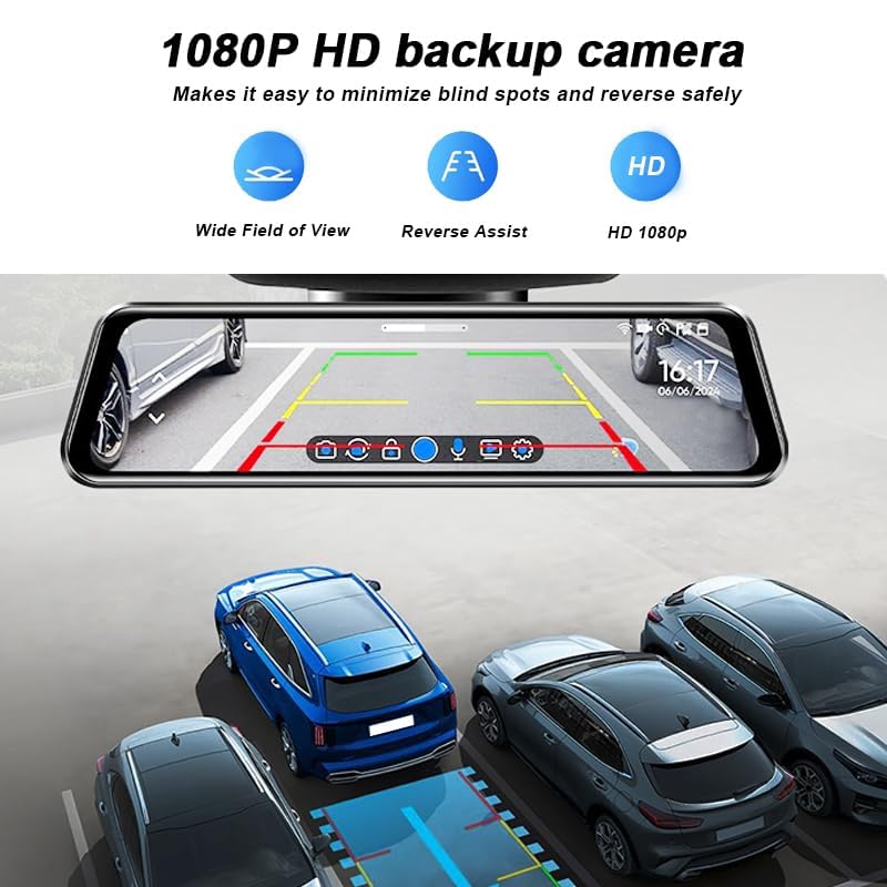 10 Inch Mirror Dash Cam Front View Night Vision Touch Screen Parking Monitor