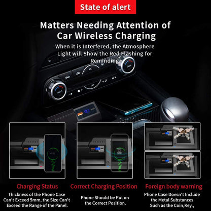 15W Wireless Car Charger Mount for Mazda CX-5 Fast Charging Phone Holder with QC 3.0 USB Support