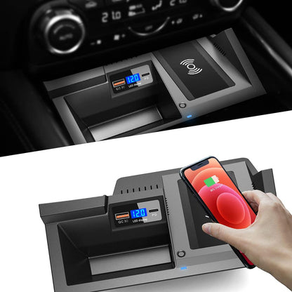 15W Wireless Car Charger Mount for Mazda CX-5 Fast Charging Phone Holder with QC 3.0 USB Support