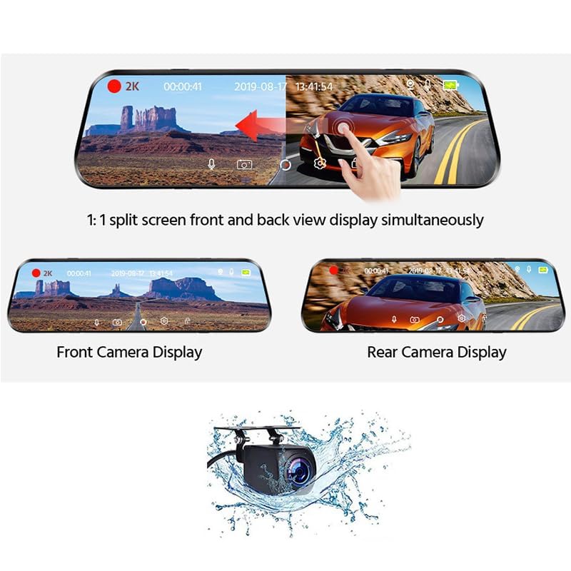 10 Inch Mirror Dash Cam Front View Night Vision Touch Screen Parking Monitor