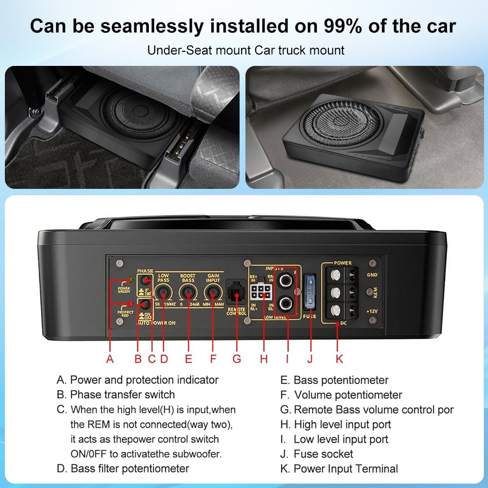 1200W 10-Inch Slim Under-Seat Powered Car Subwoofer with Built-in Amplifier & Remote Bass Control