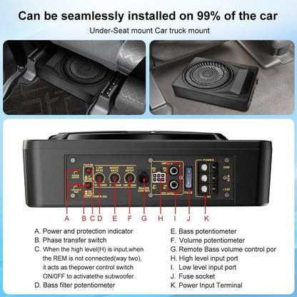 1200W 10-Inch Slim Under-Seat Powered Car Subwoofer with Built-in Amplifier & Remote Bass Control