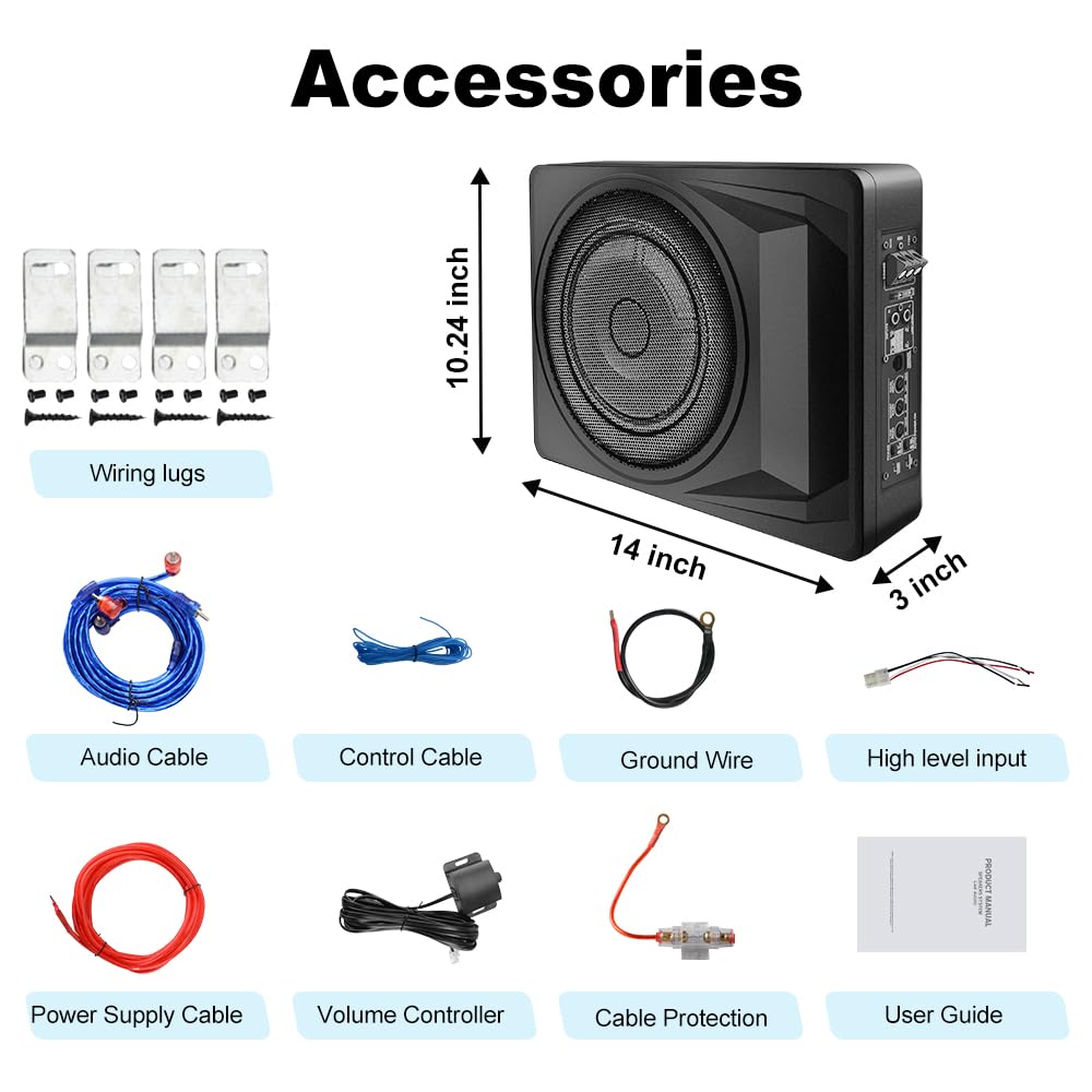 1200W 10-Inch Slim Under-Seat Powered Car Subwoofer with Built-in Amplifier & Remote Bass Control