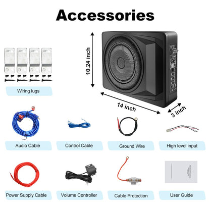1200W 10-Inch Slim Under-Seat Powered Car Subwoofer with Built-in Amplifier & Remote Bass Control