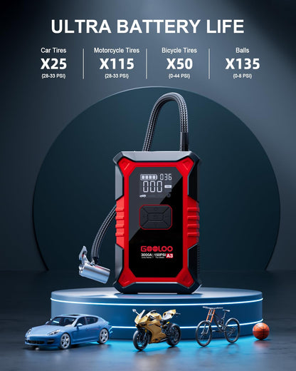 3000A Jump Starter with Air Compressor 150PSI Tire Inflator for Gas & Diesel Engines