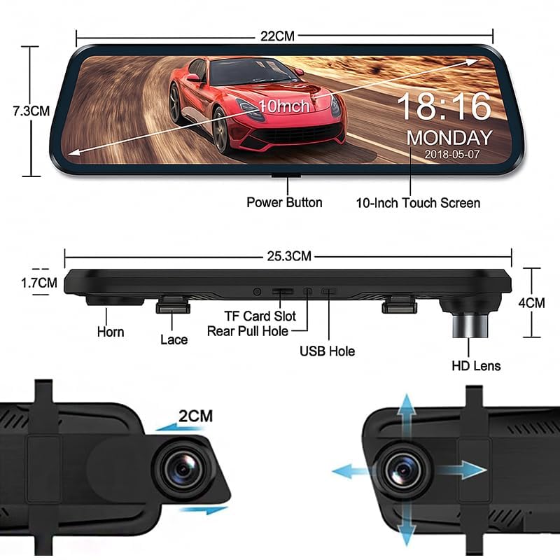 10 Inch Mirror Dash Cam Front View Night Vision Touch Screen Parking Monitor