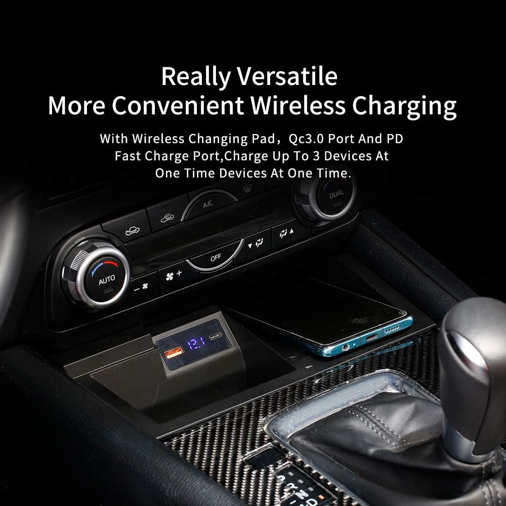15W Wireless Car Charger Mount for Mazda CX-5 Fast Charging Phone Holder with QC 3.0 USB Support