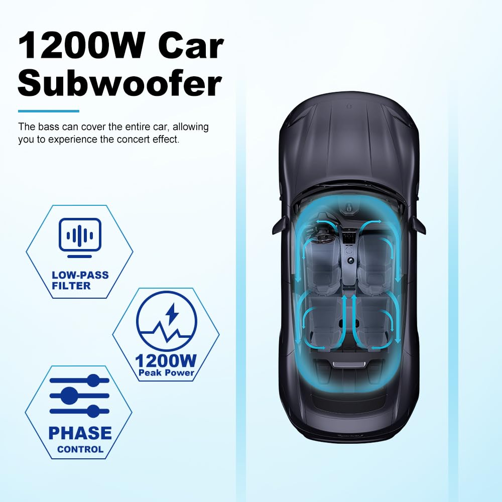 1200W 10-Inch Slim Under-Seat Powered Car Subwoofer with Built-in Amplifier & Remote Bass Control