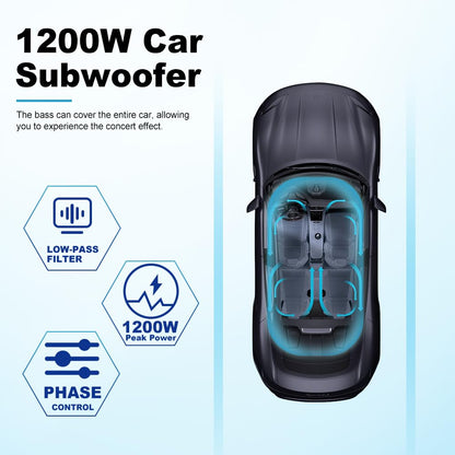 1200W 10-Inch Slim Under-Seat Powered Car Subwoofer with Built-in Amplifier & Remote Bass Control