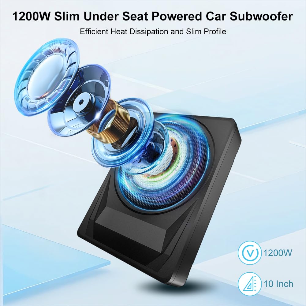 1200W 10-Inch Slim Under-Seat Powered Car Subwoofer with Built-in Amplifier & Remote Bass Control
