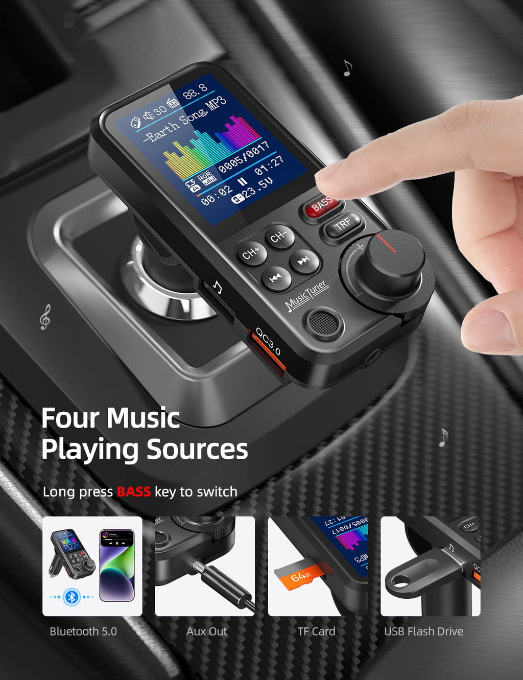 Bluetooth FM Transmitter Car Adapter Hands Free Calling Fast Charging AUX USB TF