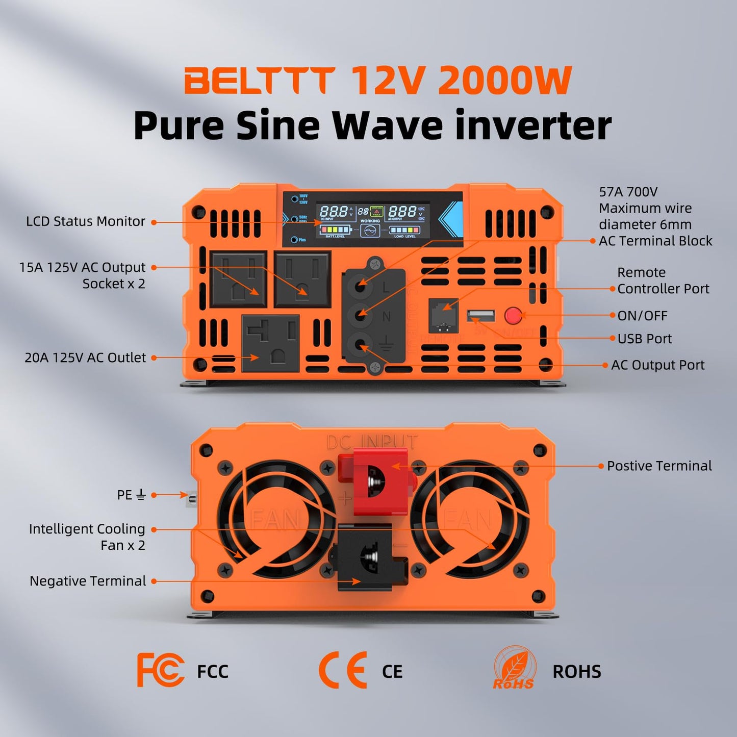 2000W Pure Sine Wave Power Inverter 12V to 120V with Dual AC Outlets, USB & Remote Control