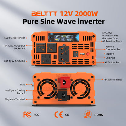 2000W Pure Sine Wave Power Inverter 12V to 120V with Dual AC Outlets, USB & Remote Control