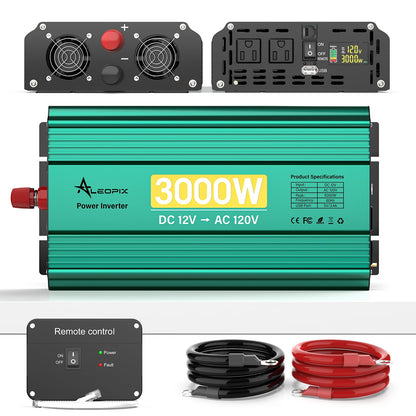 3000W 12V to 110V/120V Power Inverter with 6000W Peak, Modified Sine Wave, Dual AC Outlets & USB Port