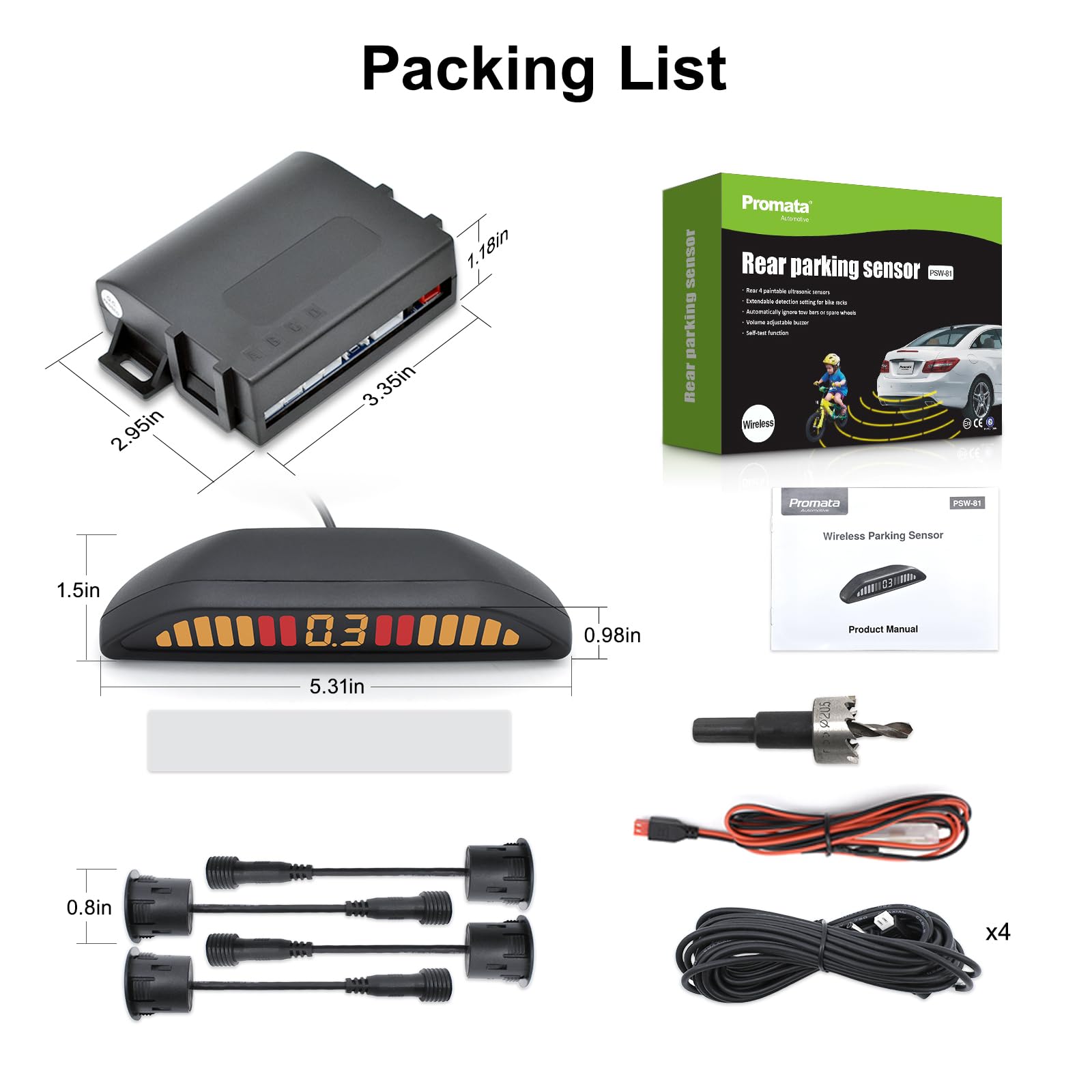 Wireless Parking Sensor Kit 4 Sensor Front Rear Audible Alert Adjustable Volume Display System