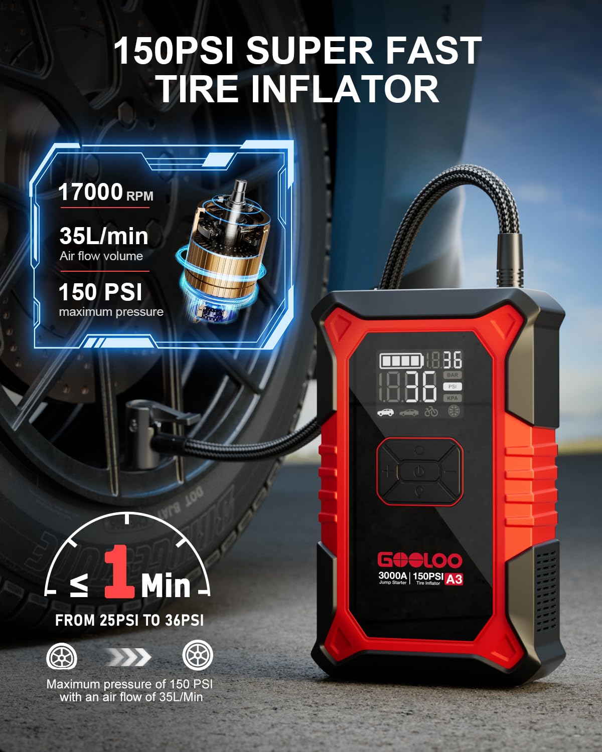 3000A Jump Starter with Air Compressor 150PSI Tire Inflator for Gas & Diesel Engines