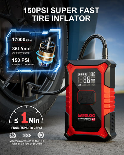 3000A Jump Starter with Air Compressor 150PSI Tire Inflator for Gas & Diesel Engines