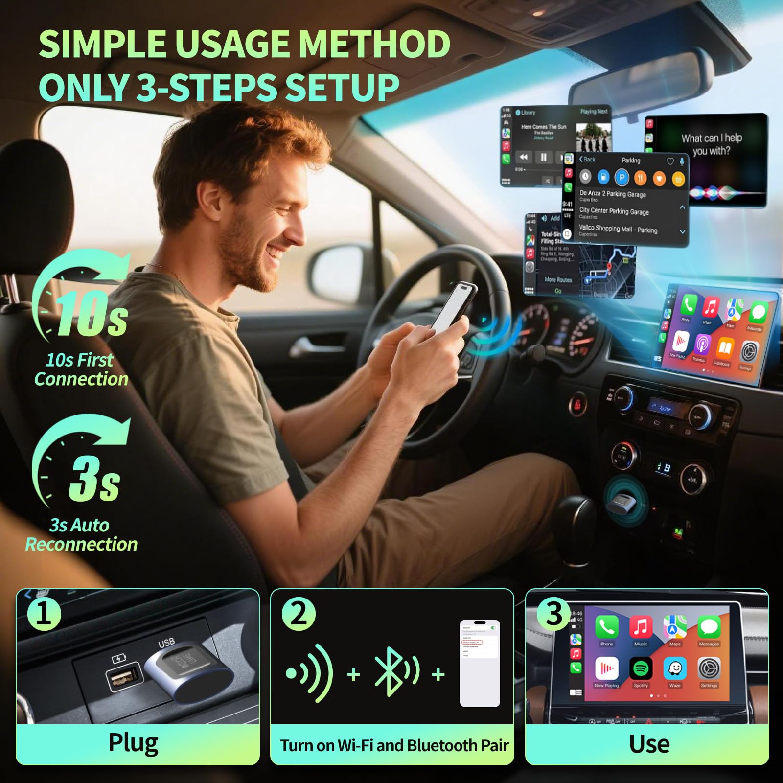 Wireless CarPlay Android Auto Adapter 2 in 1 Plug and Play Fast Auto Connect