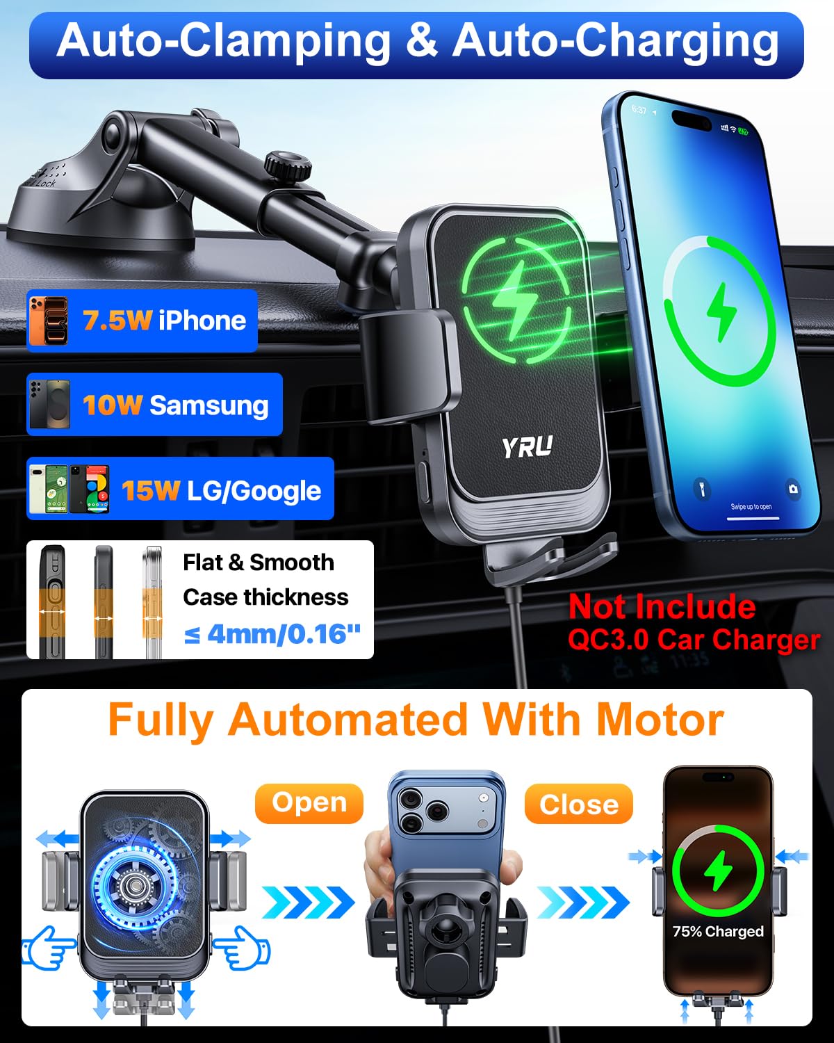 15W Wireless Car Charger Mount with Auto Clamping Magnetic Holder 360° Adjustable