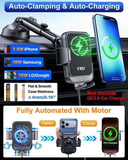 15W Wireless Car Charger Mount with Auto Clamping Magnetic Holder 360° Adjustable