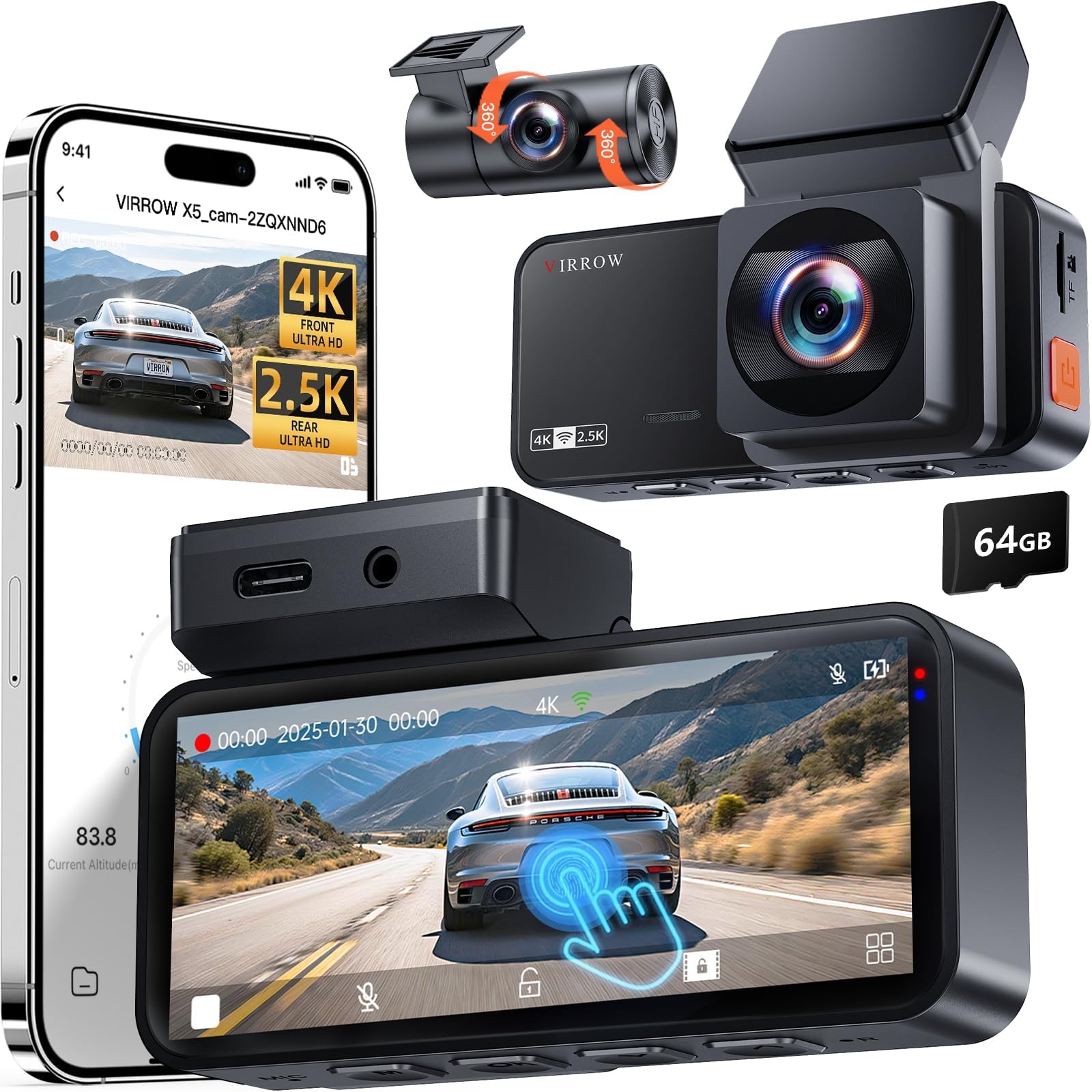 4K Dual Dash Cam Front Rear WiFi Touchscreen Parking Monitor Night Vision Collision Detection