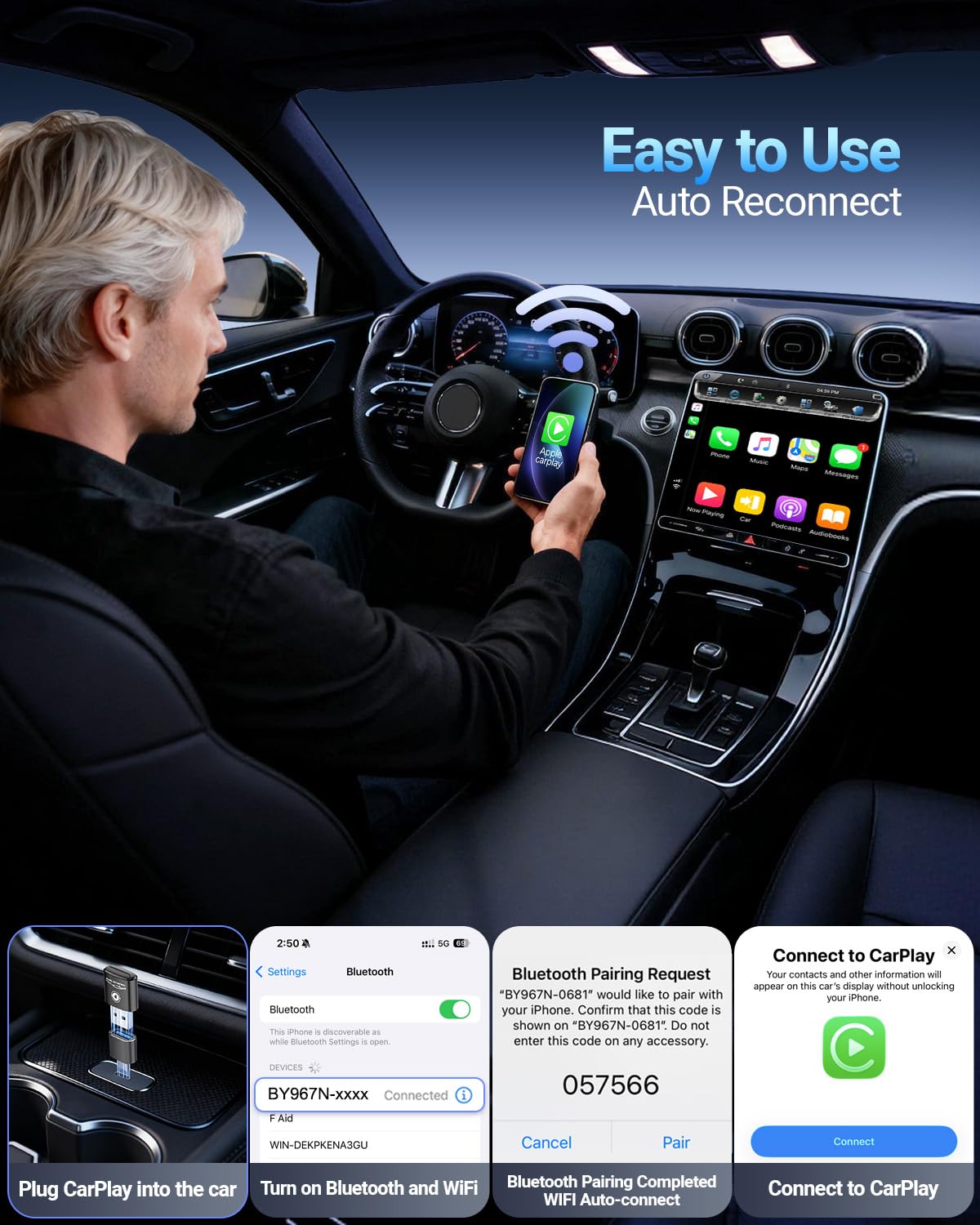 Wireless CarPlay Adapter Mini Design Wired to Wireless Plug and Play Auto Connect Fast Stable
