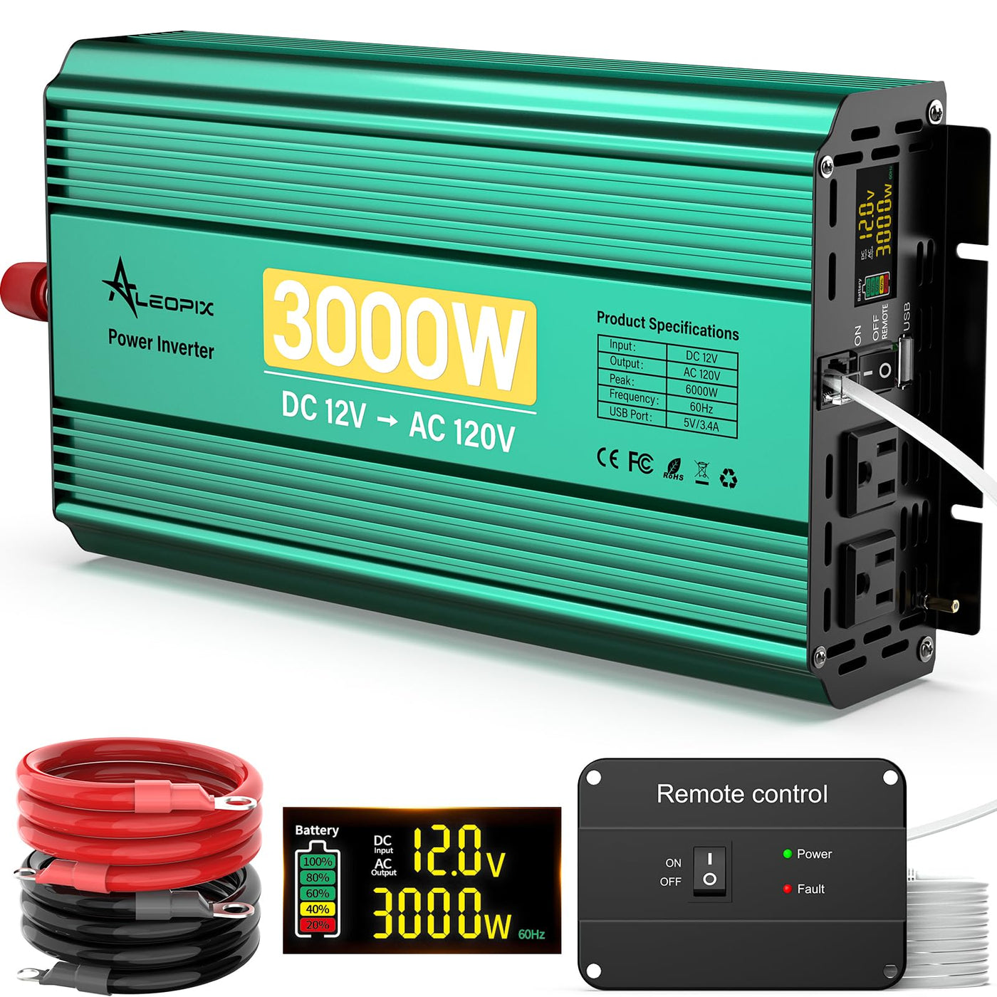 3000W 12V to 110V/120V Power Inverter with 6000W Peak, Modified Sine Wave, Dual AC Outlets & USB Port