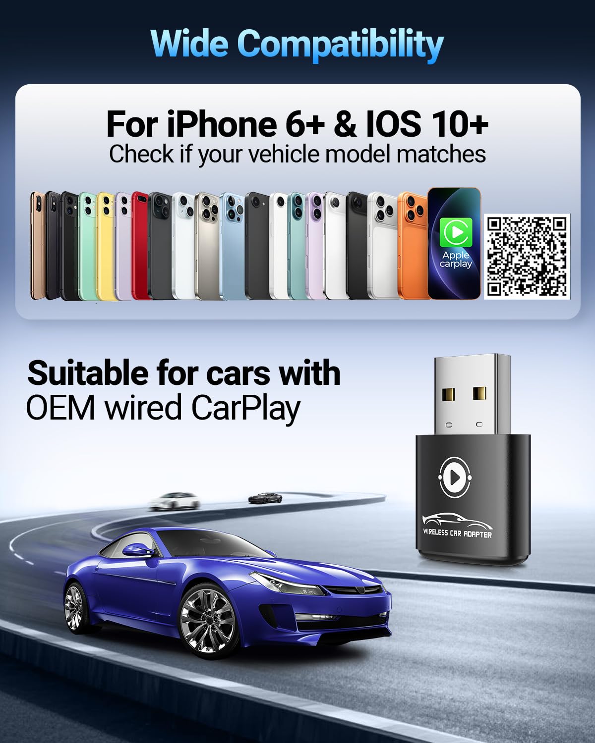 Wireless CarPlay Adapter Mini Design Wired to Wireless Plug and Play Auto Connect Fast Stable