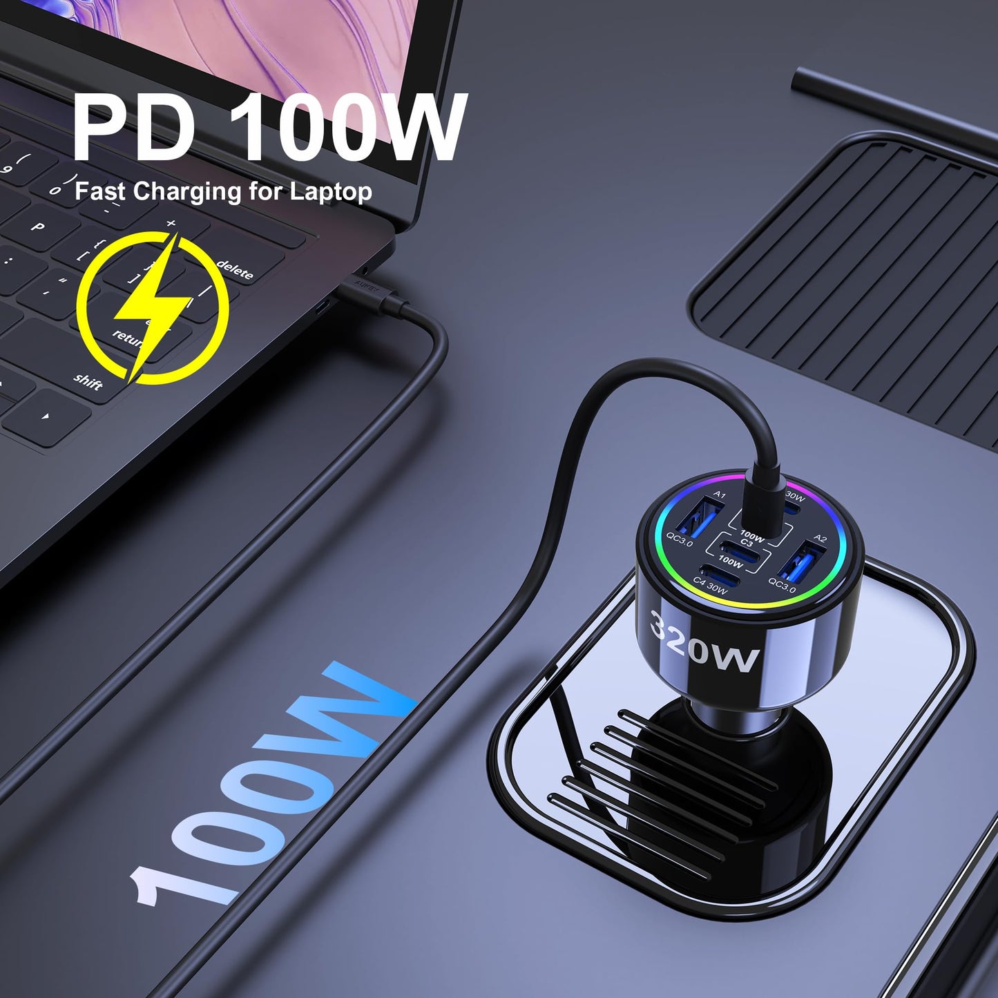 320W 6-Port USB-C Fast Car Charger with PD/QC/PPS Multi Device Charging