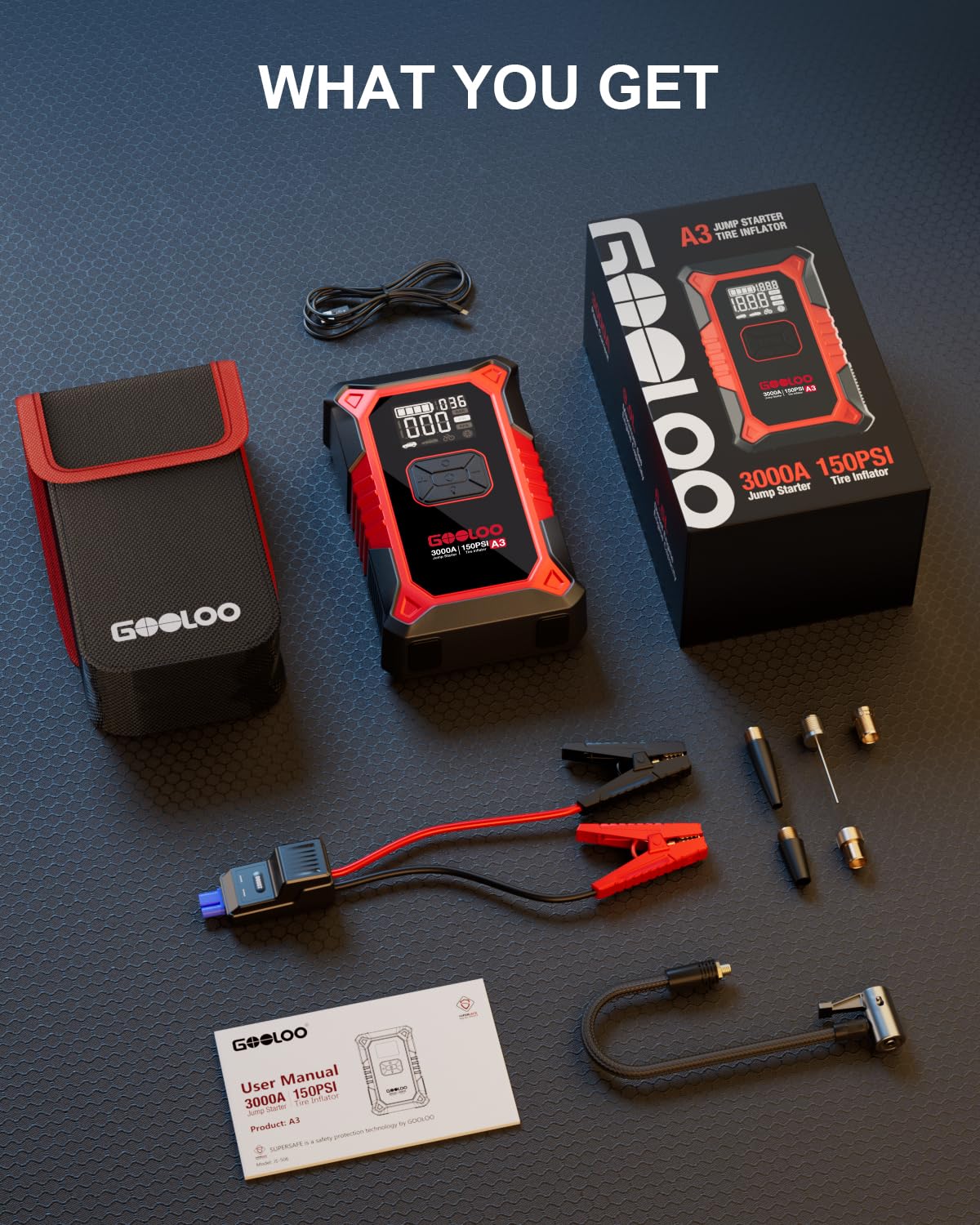 3000A Jump Starter with Air Compressor 150PSI Tire Inflator for Gas & Diesel Engines