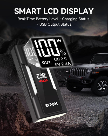 4000A Portable Jump Starter for Gas & Diesel Engines with Dual USB & LED Light