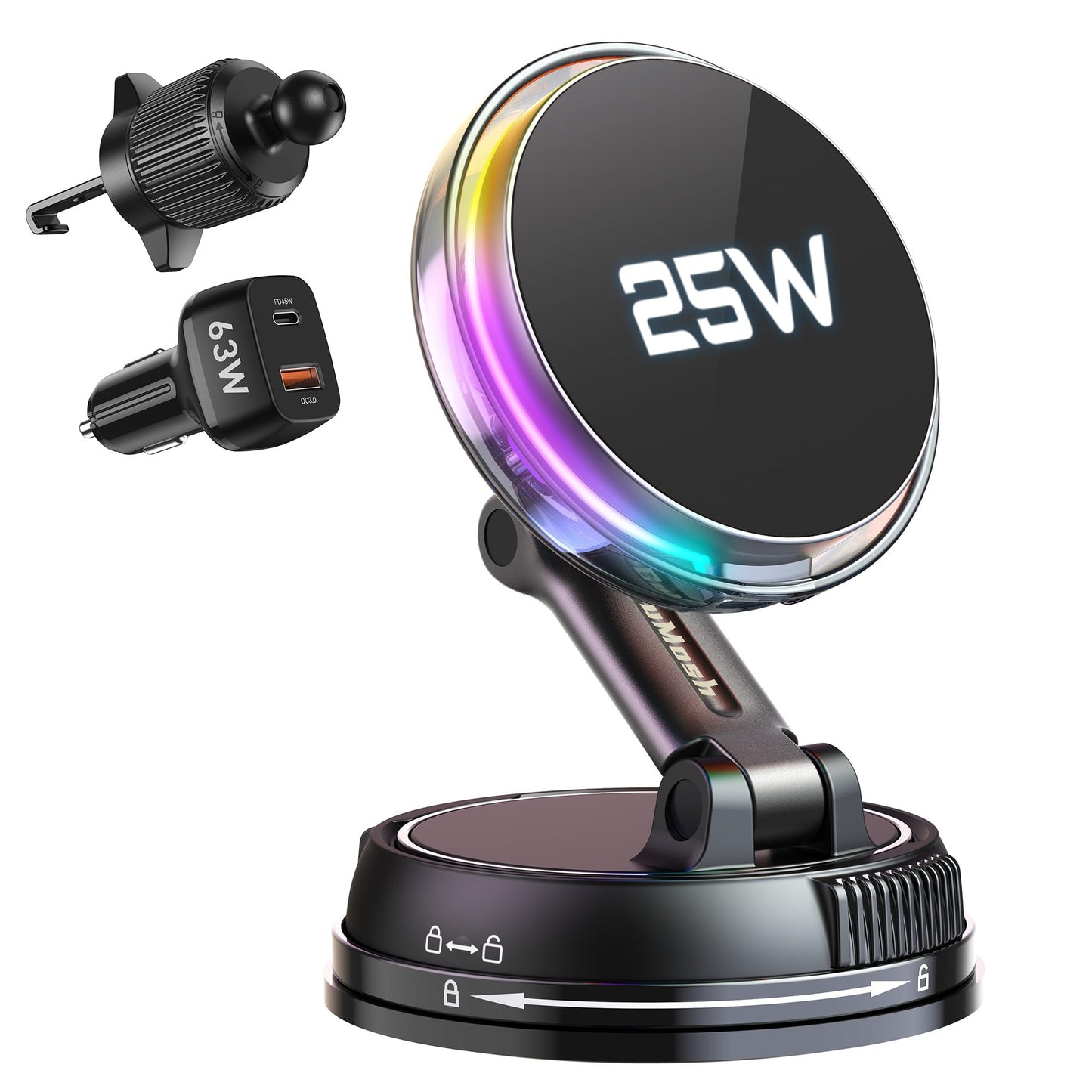 25W MagSafe Qi2 Wireless Car Charger Mount with Cooling Fan RGB Lights & Vacuum Suction Magnetic Phone Holder