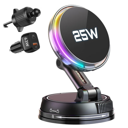 25W MagSafe Qi2 Wireless Car Charger Mount with Cooling Fan RGB Lights & Vacuum Suction Magnetic Phone Holder