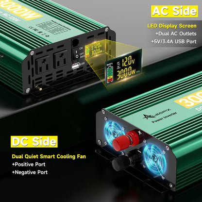 3000W 12V to 110V/120V Power Inverter with 6000W Peak, Modified Sine Wave, Dual AC Outlets & USB Port