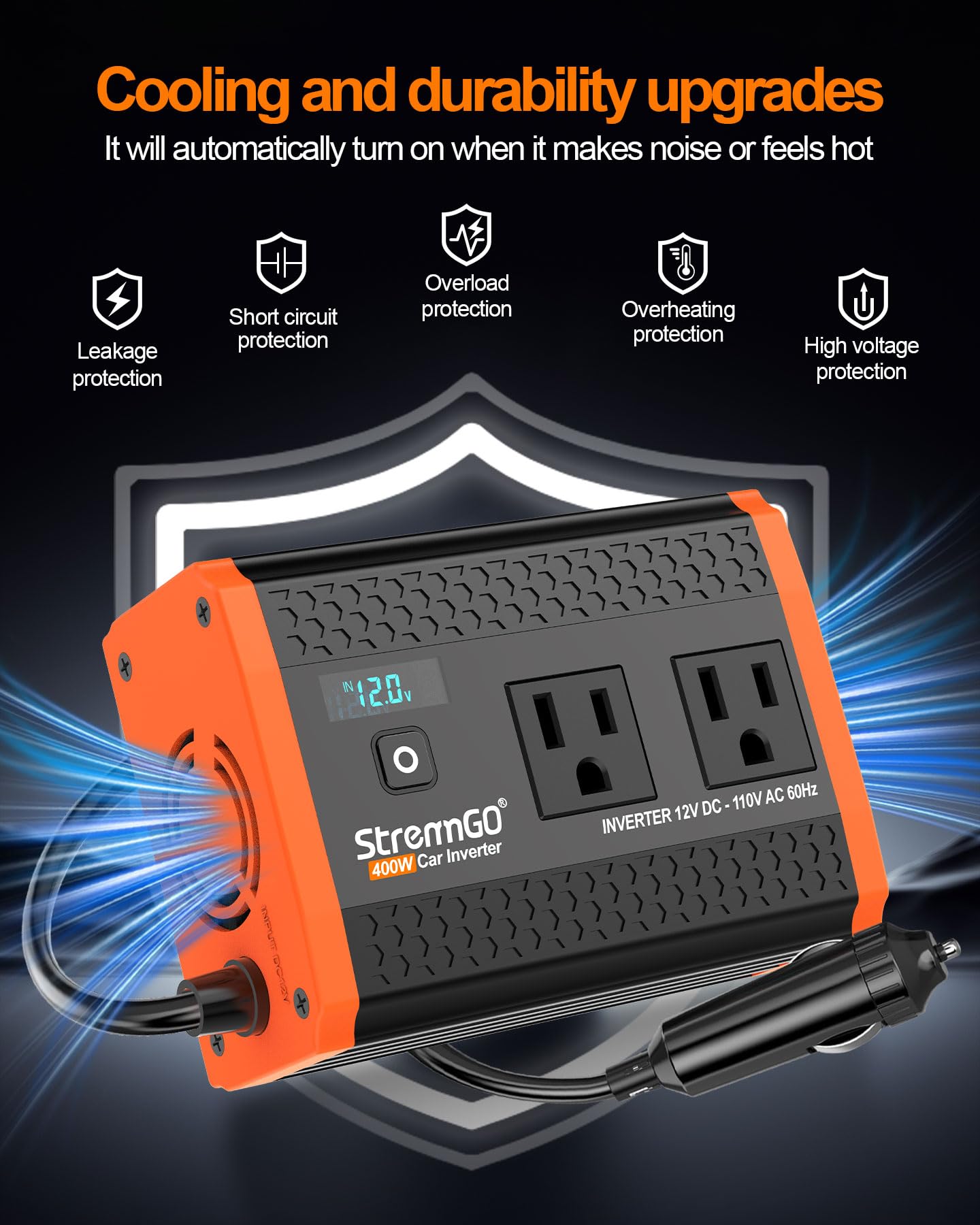 400W Car Power Inverter with Dual AC Outlets & USB Fast Charging for Vehicles
