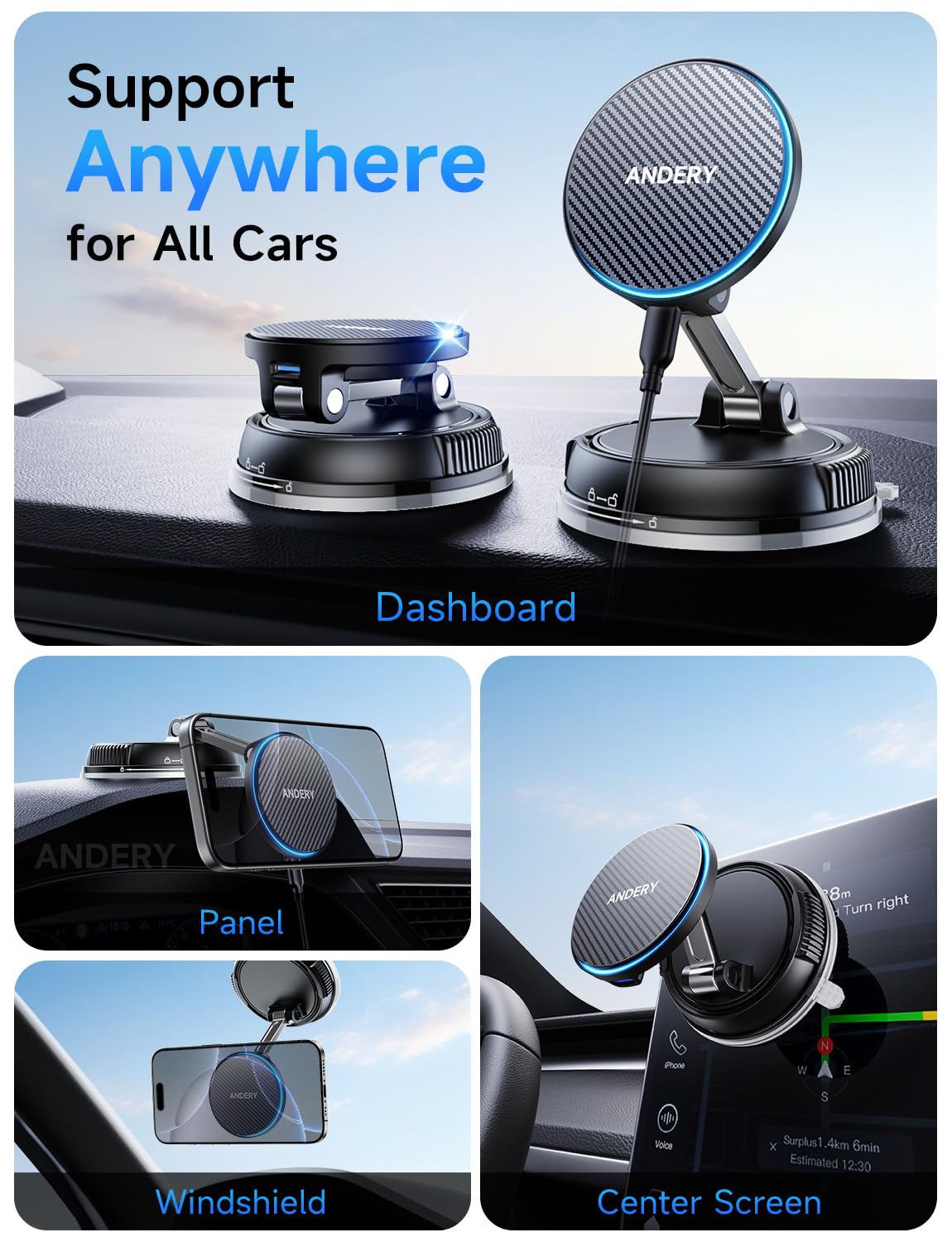 15W MagSafe Car Mount Charger with Strong Suction Magnetic Phone Holder 360° Adjustable