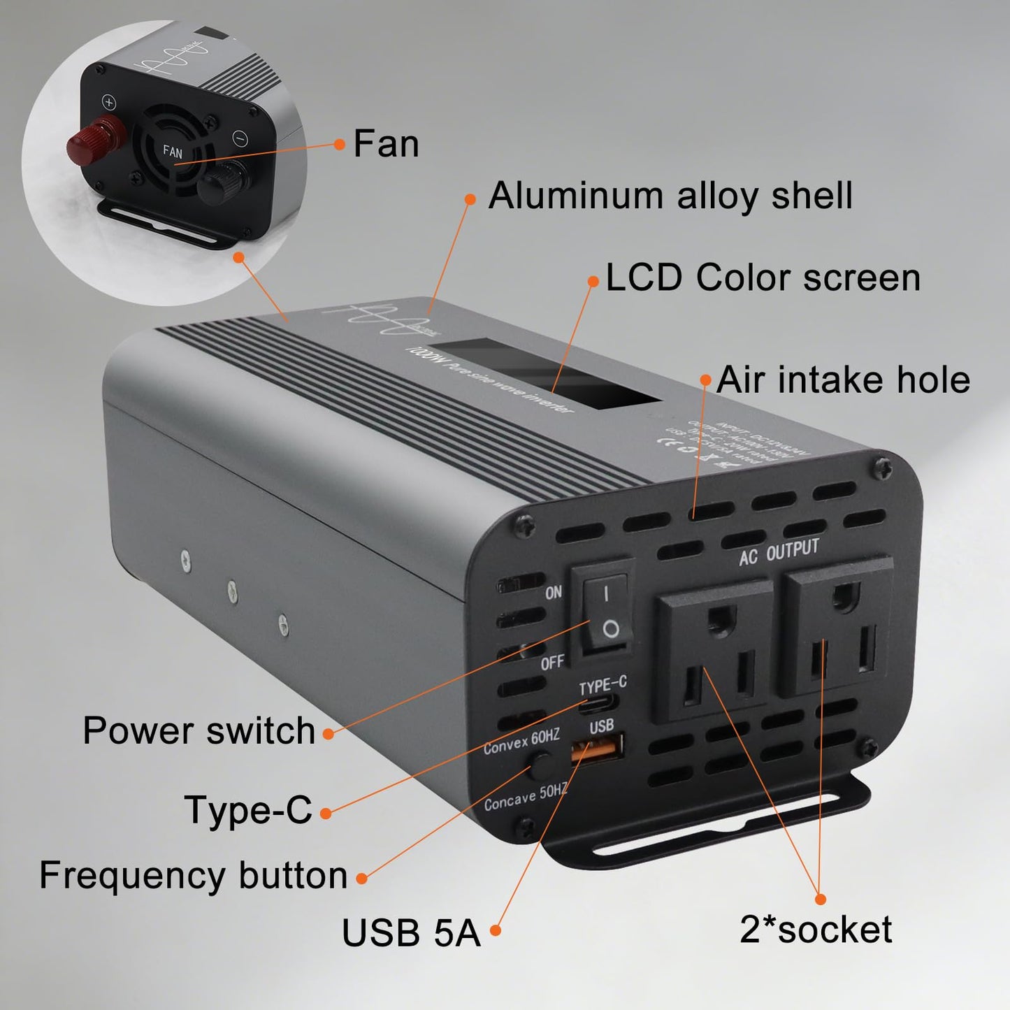 1000W Pure Sine Wave Power Inverter with Dual AC Outlets, USB & Type-C Fast Charging