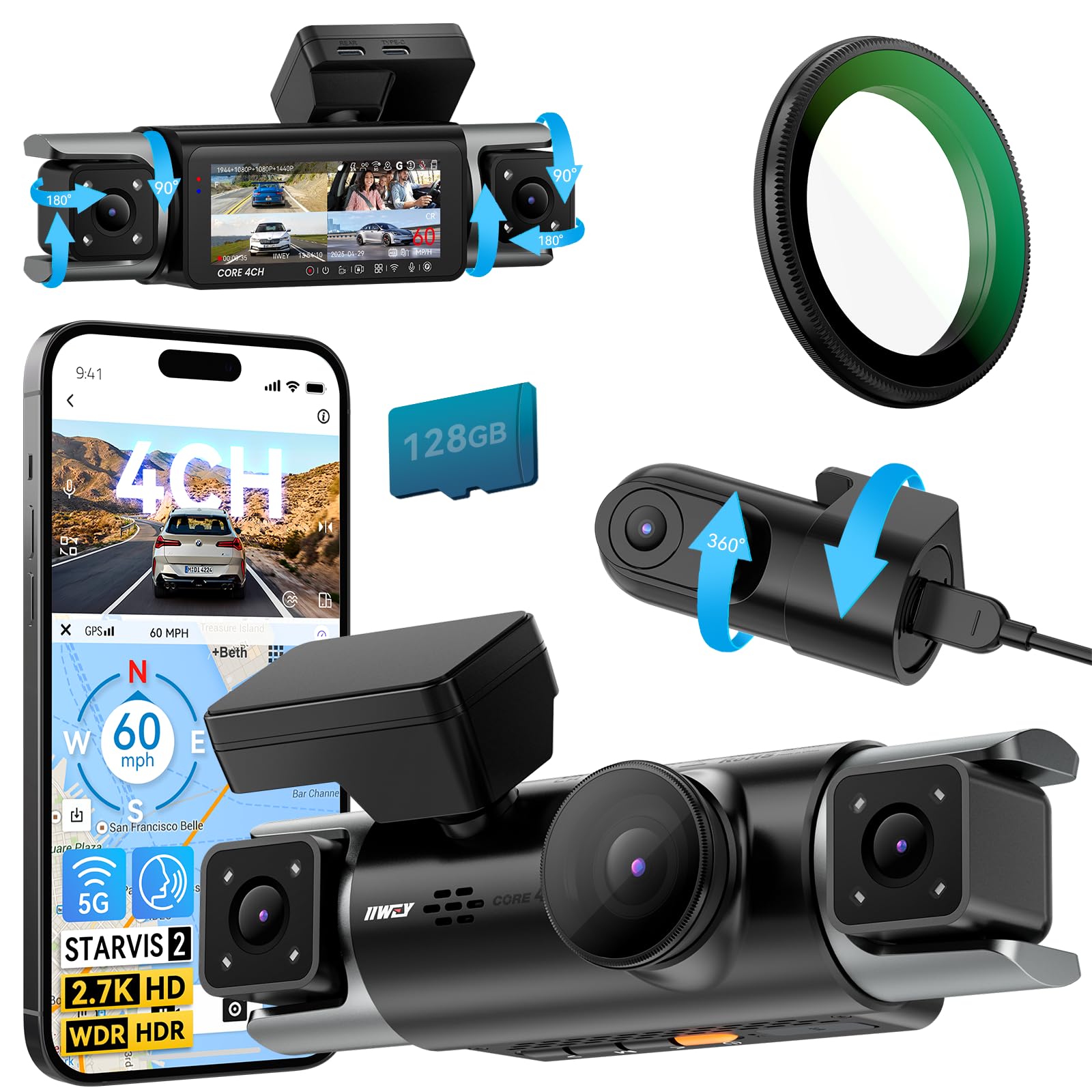 4 Channel Dash Cam with CPL Filter Front Rear Cabin Recording