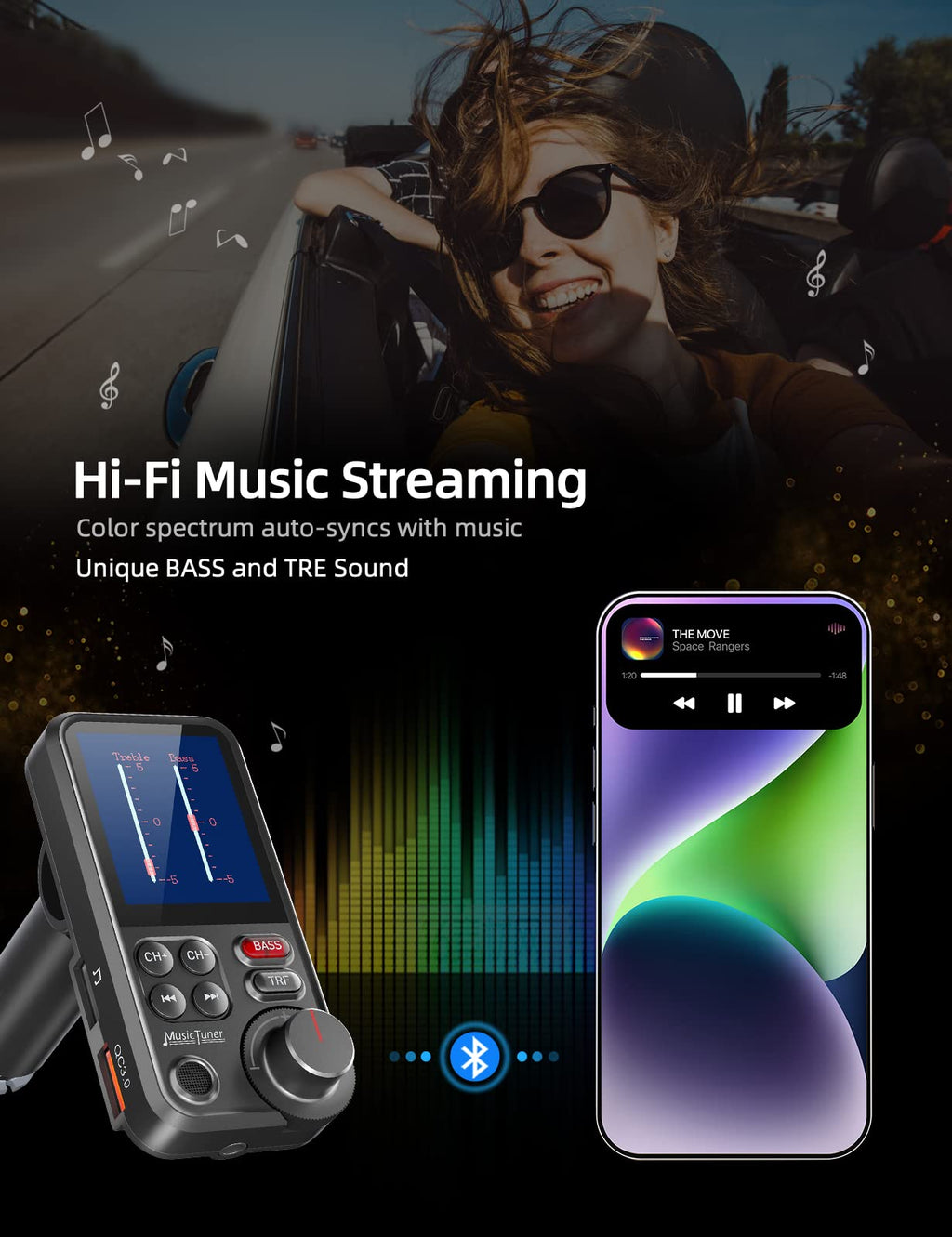 Bluetooth FM Transmitter Car Adapter Hands Free Calling Fast Charging AUX USB TF