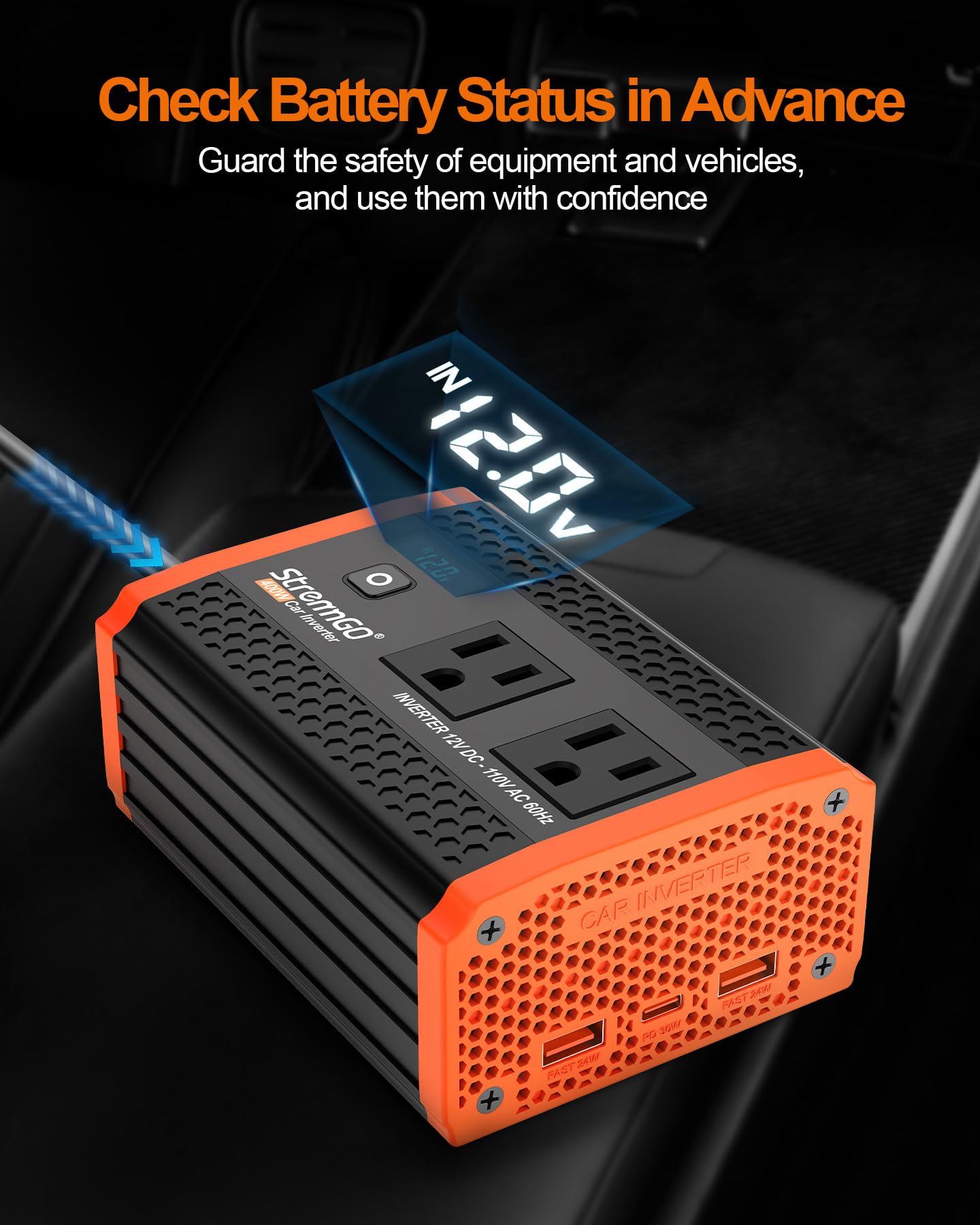 400W Car Power Inverter with Dual AC Outlets & USB Fast Charging for Vehicles