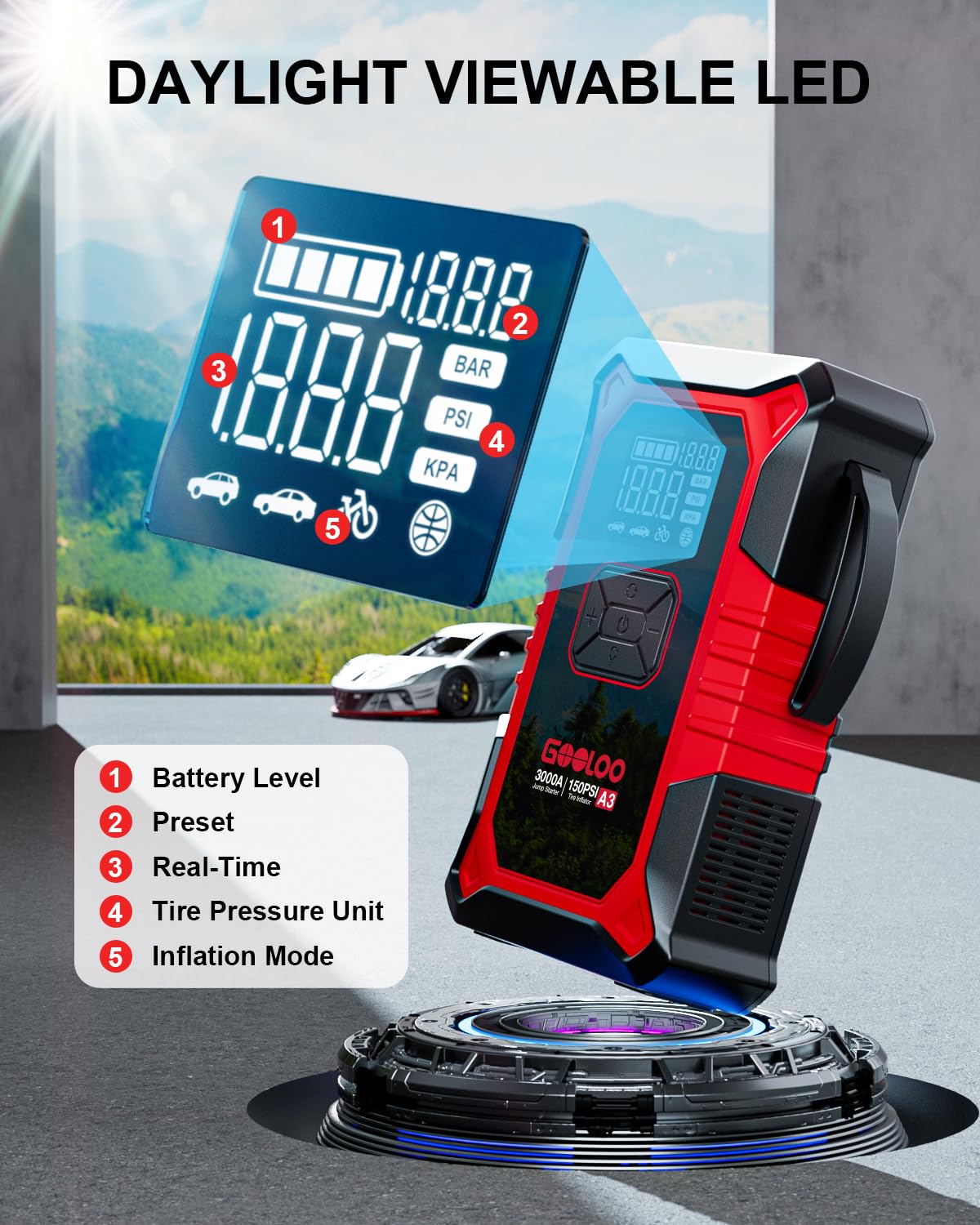 3000A Jump Starter with Air Compressor 150PSI Tire Inflator for Gas & Diesel Engines