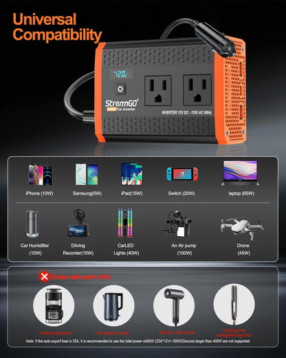 400W Car Power Inverter with Dual AC Outlets & USB Fast Charging for Vehicles