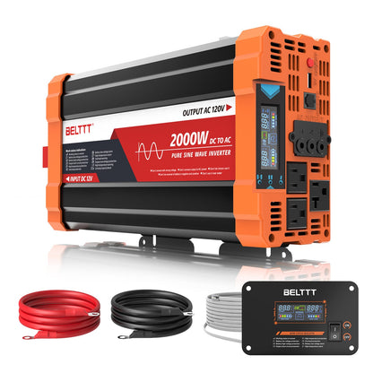 2000W Pure Sine Wave Power Inverter 12V to 120V with Dual AC Outlets, USB & Remote Control