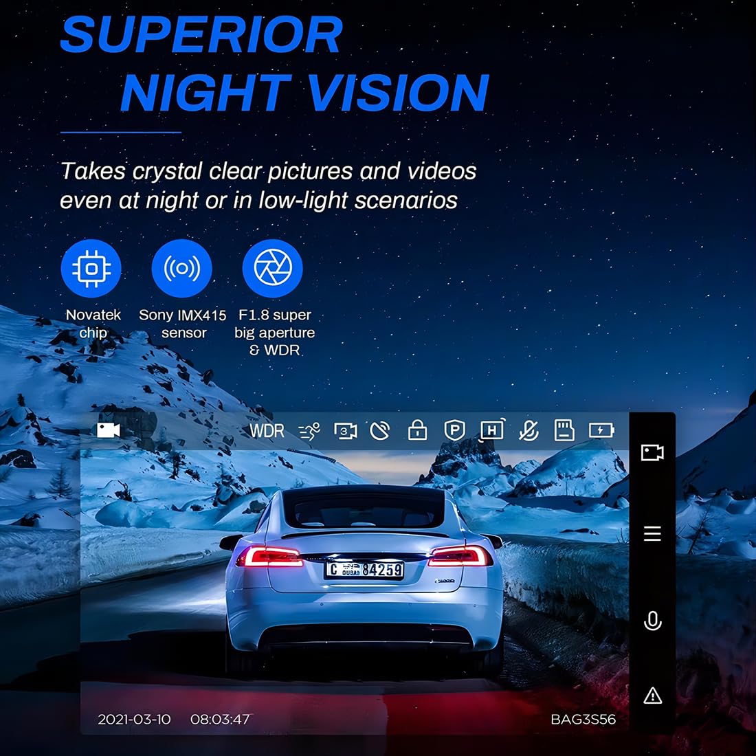 3 Channel Dash Cam 2K 1296P Night Vision IMX415 Sensor Cabin Rear Camera WiFi APP Control