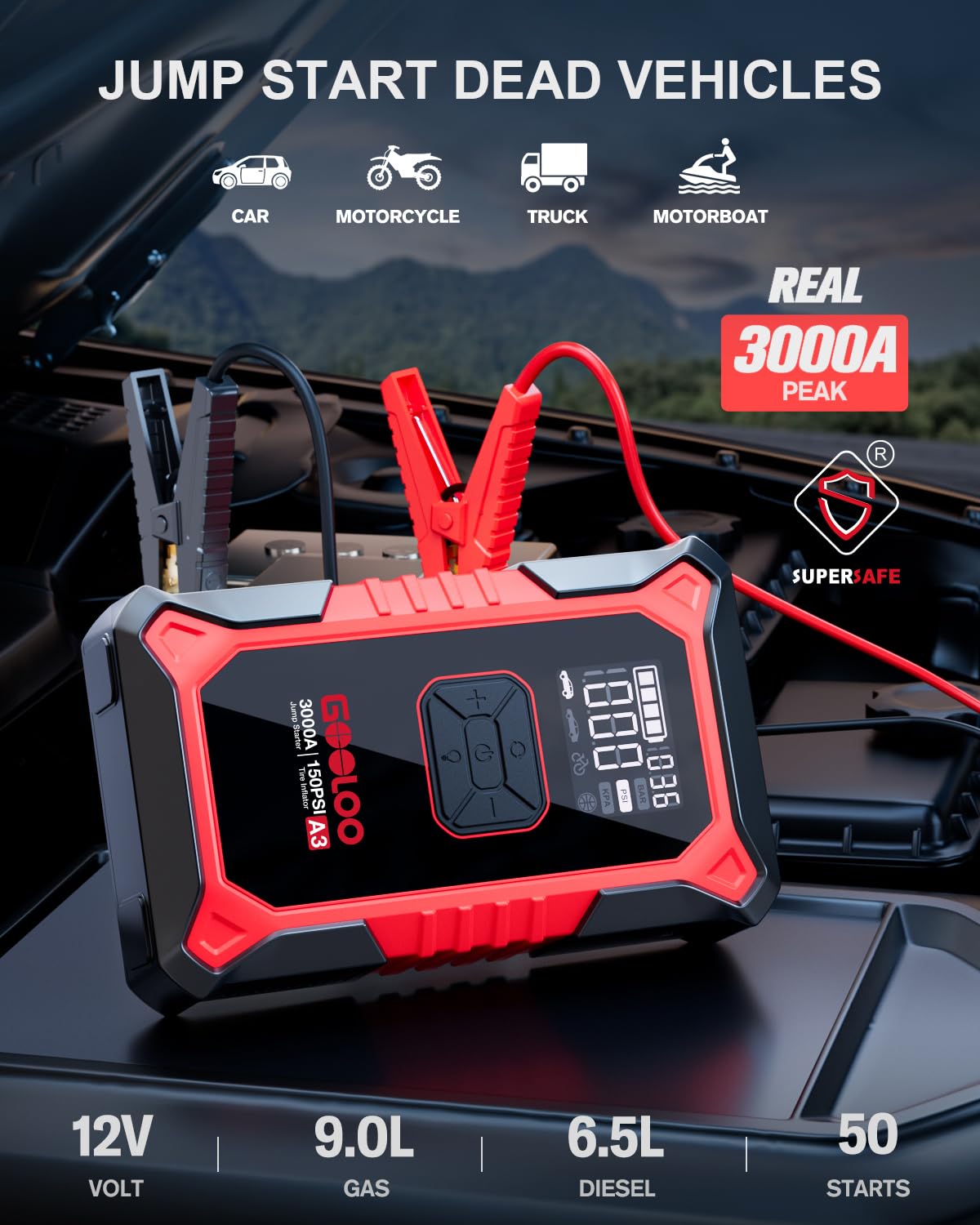 3000A Jump Starter with Air Compressor 150PSI Tire Inflator for Gas & Diesel Engines