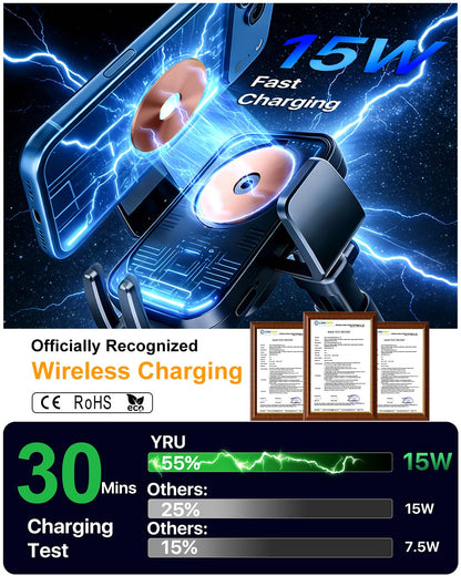 15W Wireless Car Charger Mount with Auto Clamping Magnetic Holder 360° Adjustable