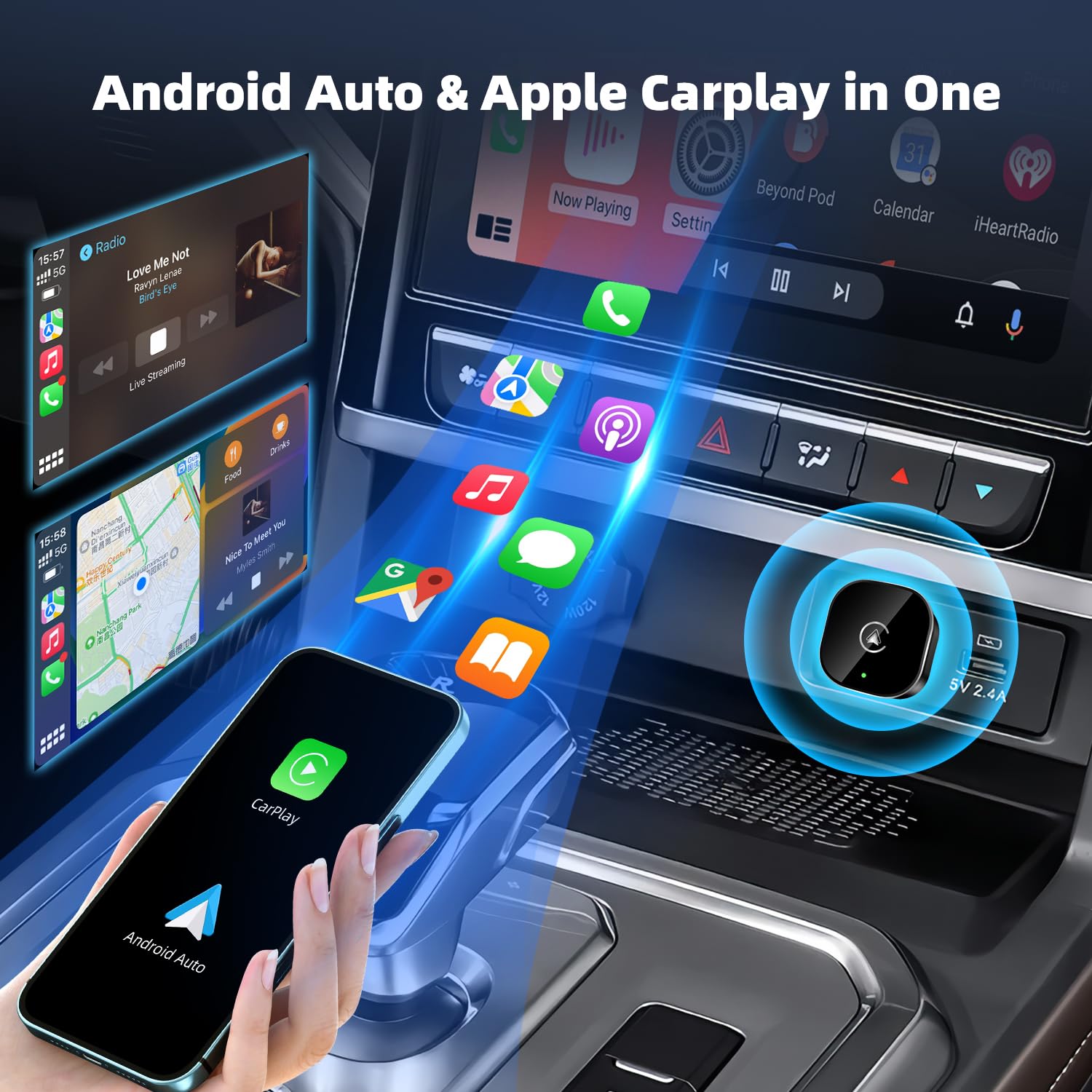 Wireless CarPlay Android Auto Adapter Mini USB Wired to Wireless Fast Connection Plug and Play