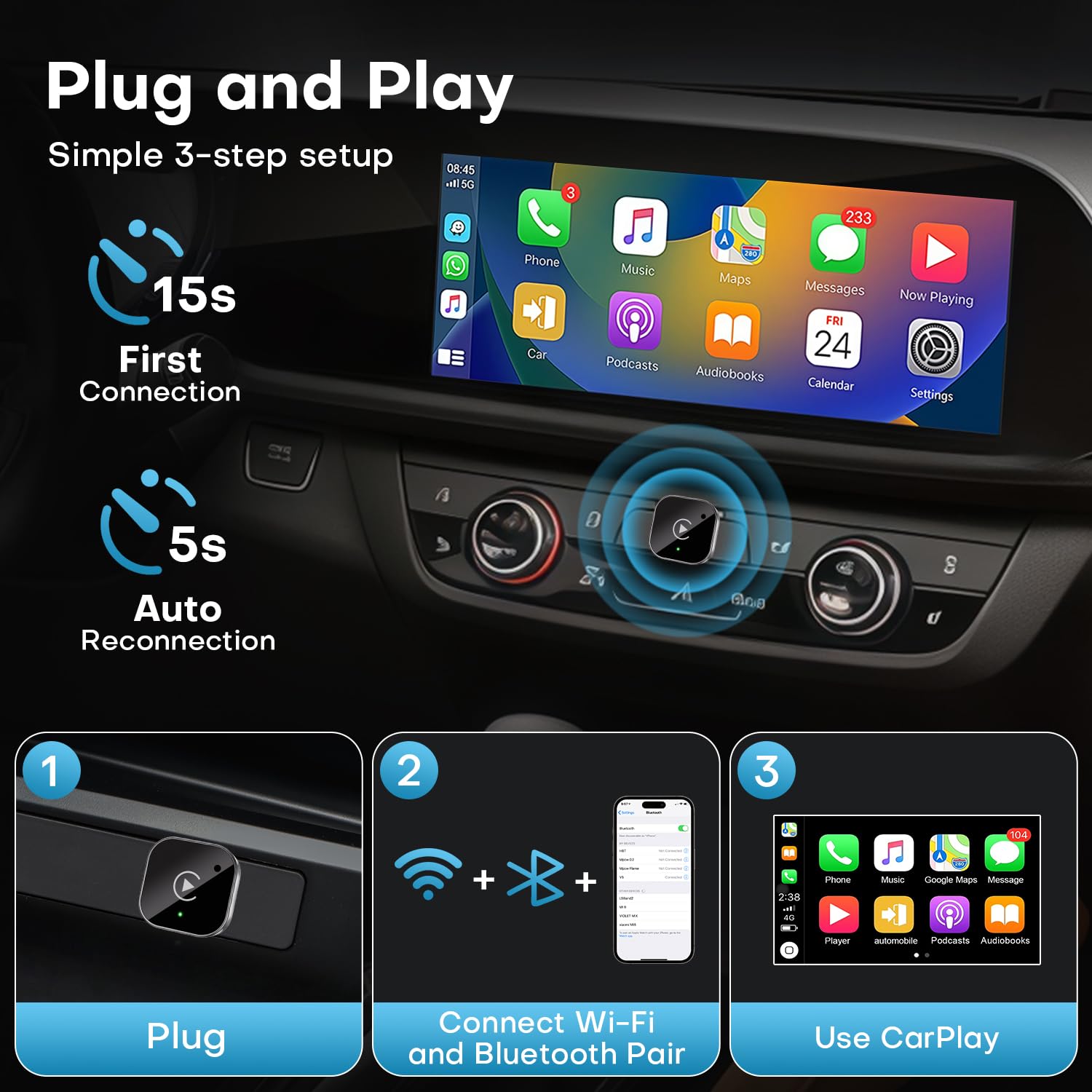 Wireless CarPlay Android Auto Adapter 2 in 1 Plug and Play Fast Auto Connect USB USB C
