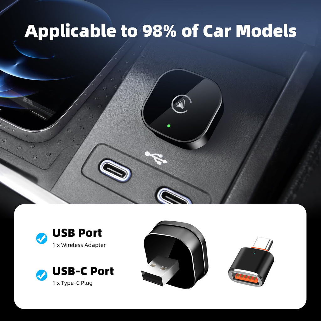 Wireless CarPlay Android Auto Adapter Mini USB Wired to Wireless Fast Connection Plug and Play